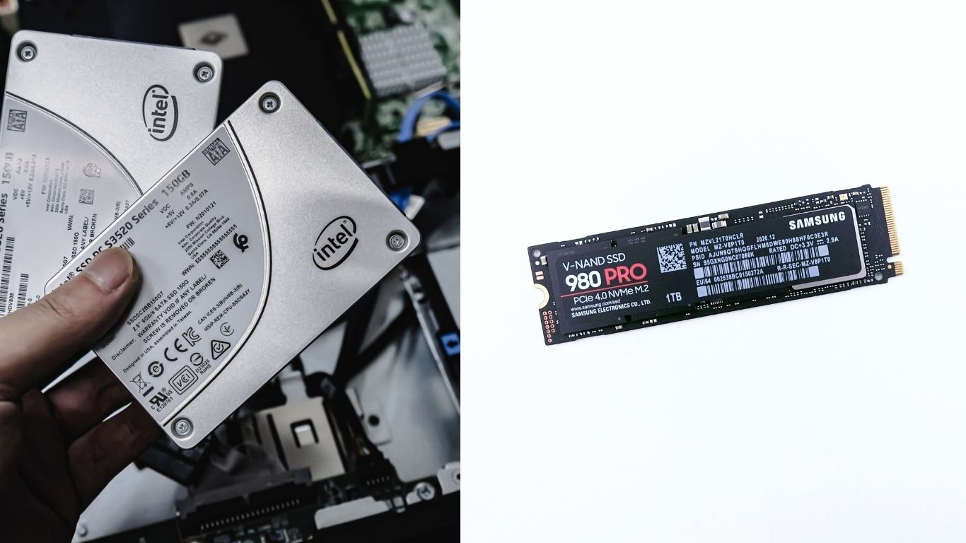 左が従来のSSDに多い「2.5インチ」、右が現在主流の「M.2」。全く形が違うのが分かりますね。 箱型の2.5インチSATA SSDと、基板状のM.2 NVMe SSDの形状・サイズ比較写真。