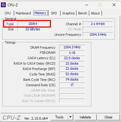 スペック確認ソフトCPU-Zの「Memory」タブ画面。メモリ規格の確認方法を示している。